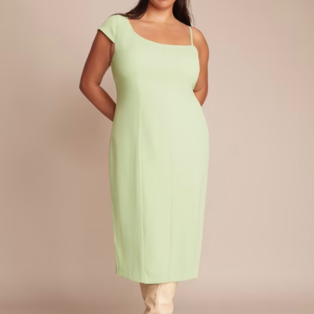 11 Honore Light Green Solange Asymmetrical Neck Short Sleeve Crepe Midi Dress